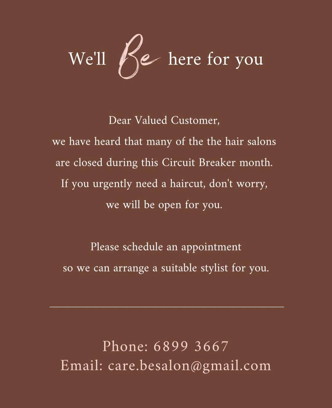 Be Salon Operating Hours & Schedule During Circuit Breaker
