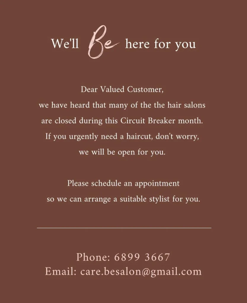 Be Salon Operating Hours & Schedule During Circuit Breaker